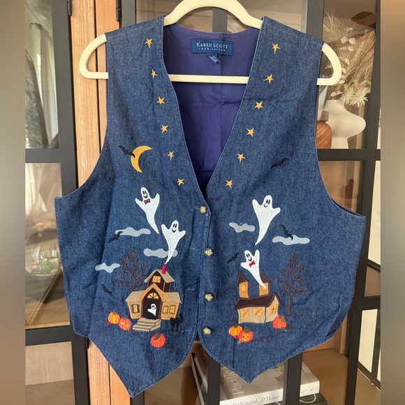 Karen Scott Jackets & Blazers - Vintage 90s Halloween vest denim chambray appliqué embroidered ghosts pumpkins